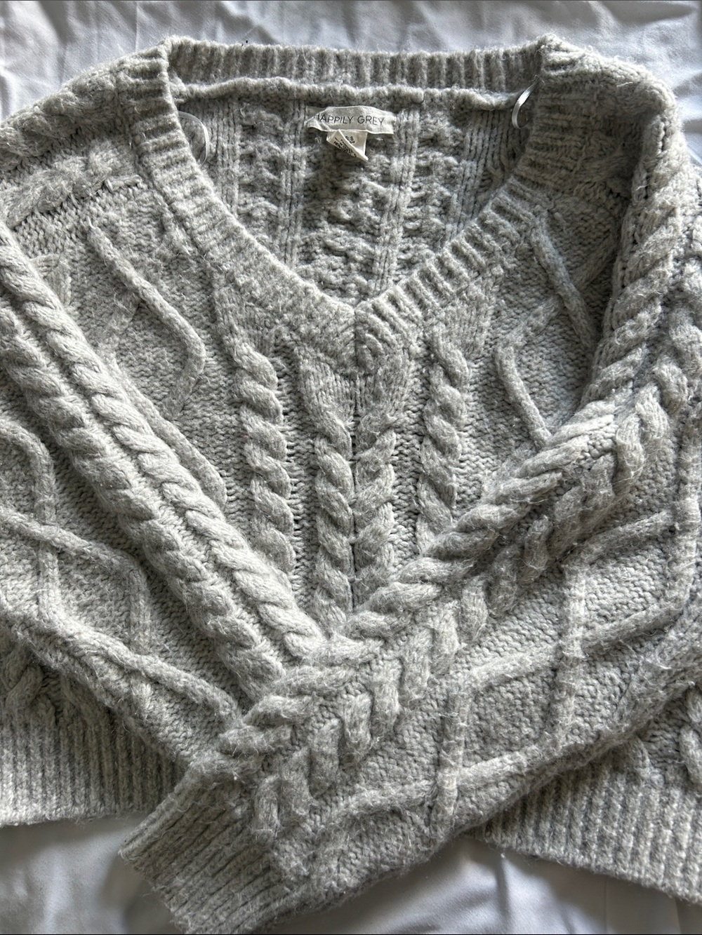 Grey Cable Knit V-Neck Sweater - Happily Grey